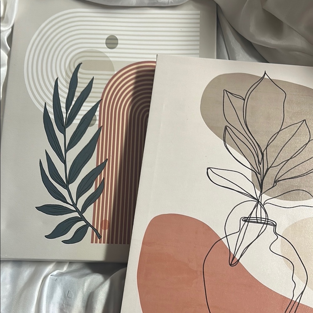 2 Abstract Botanical Art Prints - Cream and Tan
